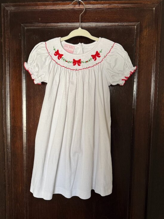 Petit Bebe Smocked Knit Dress, White with Red Bows - 2T - Picture 1 of 4